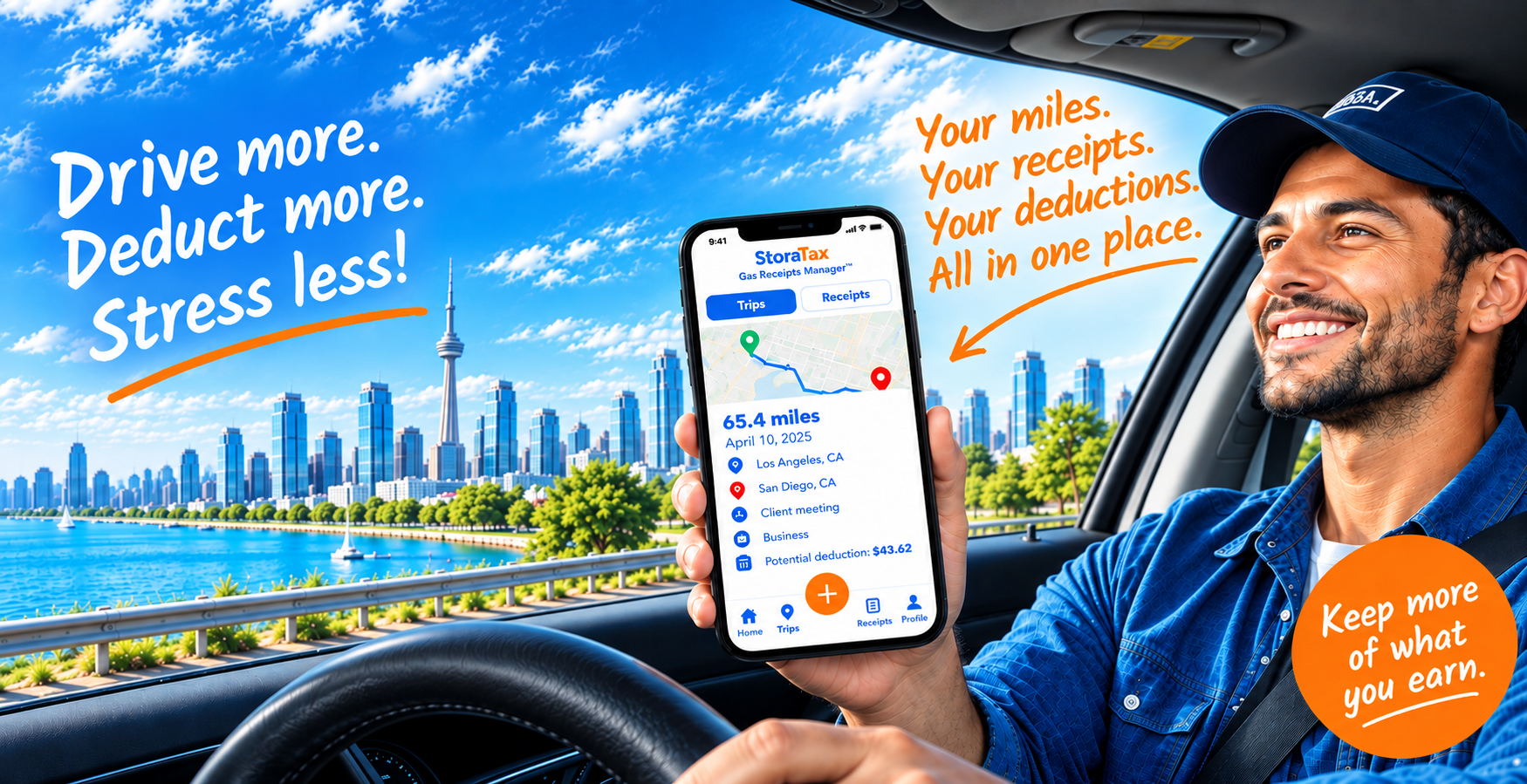 Driver using StoraTax in the car. Drive more. Deduct more. Stress less. Your miles, receipts, and deductions all in one place. Keep more of what you earn.